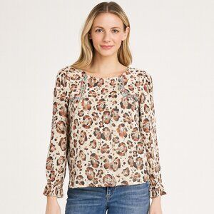 Savanna Jane Boho Leopard Animal Print Boho Embroidered Aztec Blouse Top Size M